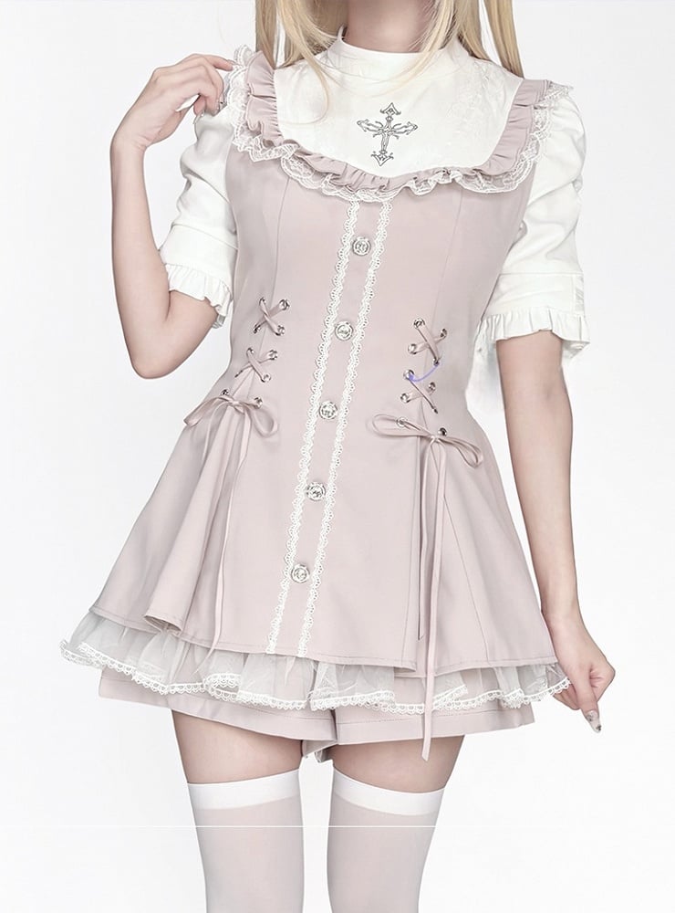 Coord Jirai Bow Bib Dress Kei Short Set: Rosa Krawatte mit Ärmel