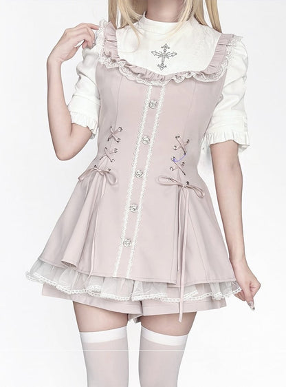 Coord Jirai Bow Bib Dress Kei Short Set: Rosa Krawatte mit Ärmel