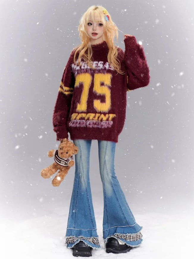 Blaue Fischschwanzjeans mit Patchwork-Bündchen und Karomuster