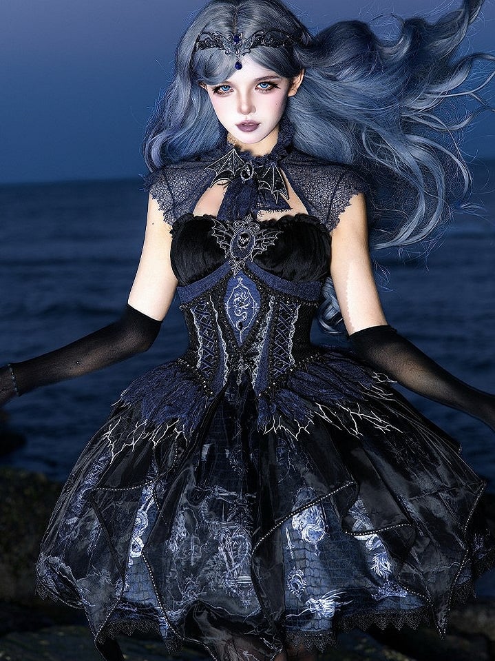 Black & Blue Bone Dragon Embroidery Halter Neck Gothic Lolita Dress Set - Ying Luo Fu