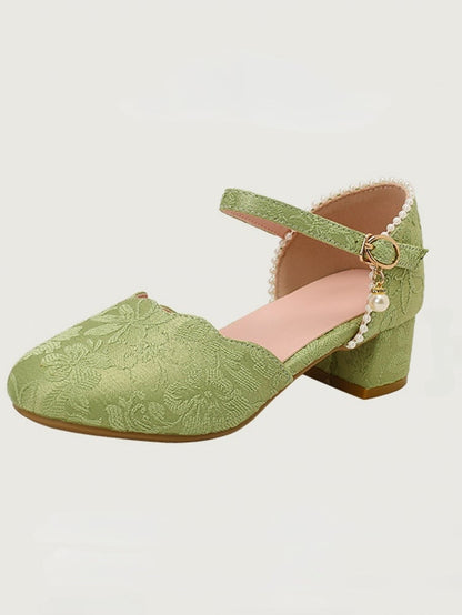 Grüner Lolita-Rand mit und in Satin-Qi-Perlen - Sandalen mit floralem Wellenmuster und Verzierungen