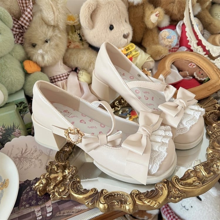Lolita Low/Mid Heels Beige Lace with Sweet Bow Accents Trim
