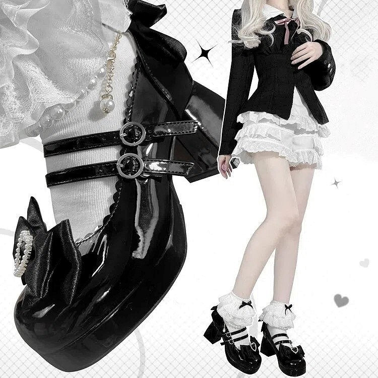 Detachable Lolita Janes with Mary Sweet Heeled Ankle 6.5cm Accents Black Beaded