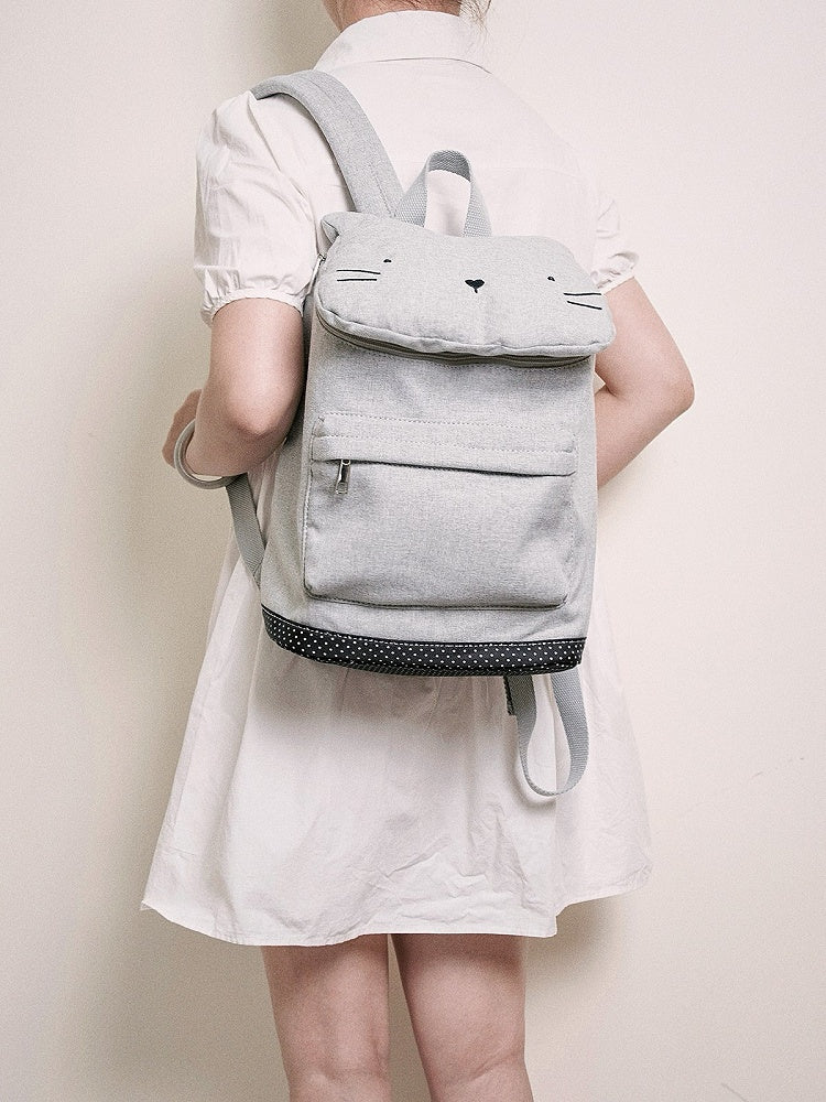 Charming Grey Cat-Ear Flap Backpack With Embroidered Kawaii Kitten Design
