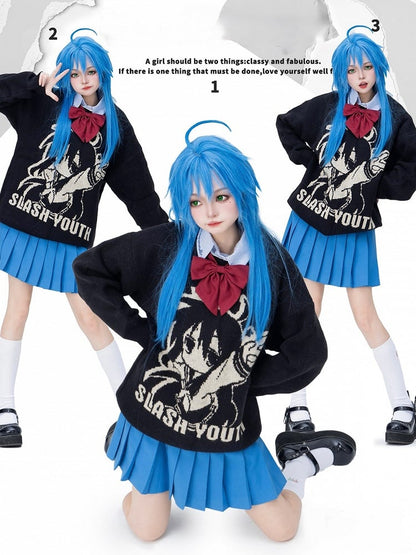 Cartoon Mädchen Strickpullover mit Print und Buchstaben in Schwarz