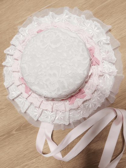 Ribbon Lace Bowknot Lolita Hat White Sweet Flat Pink