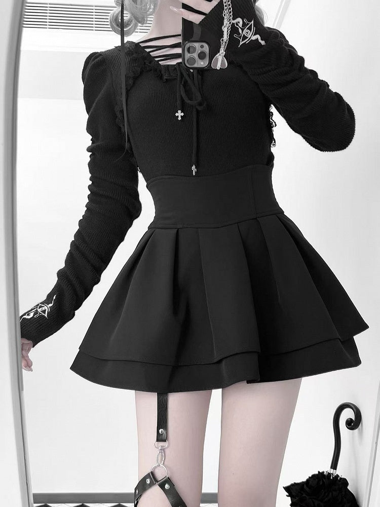 Lace-up Gothic Eye and Cross Embroidery Black Snake Knit Top with Straps Neckline