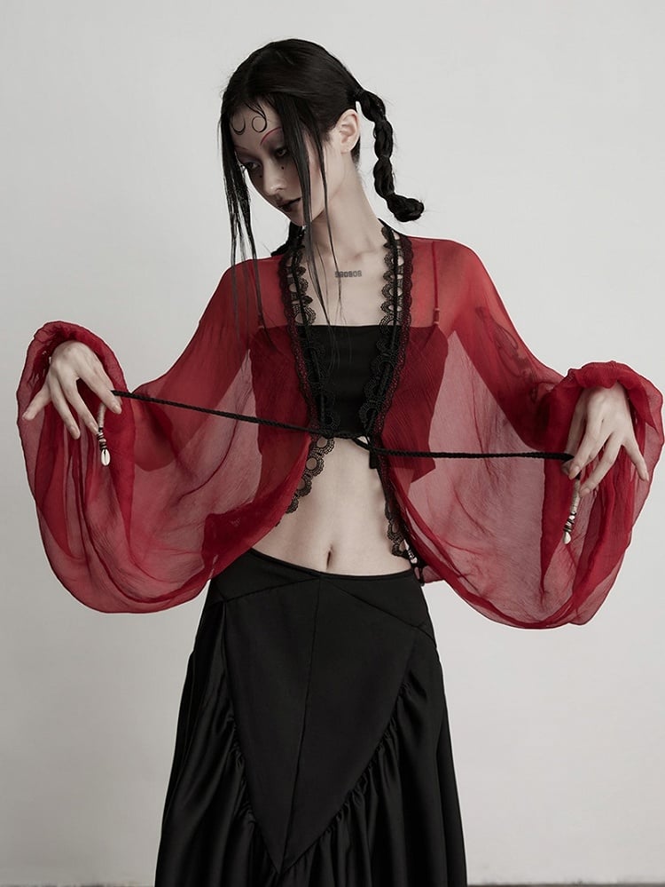 Ruffled Sheer Goth Cord Details Urban with Red Shell Cardigan