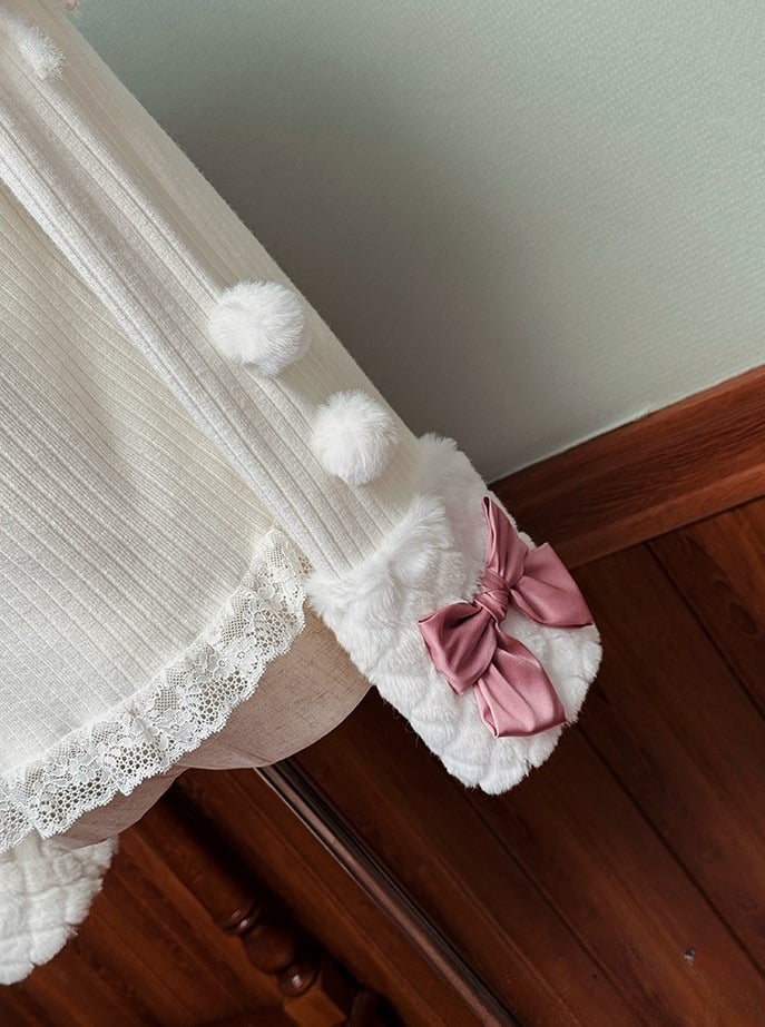 and Bows Sleeves Top Pink with Knitted Long White Pom-poms