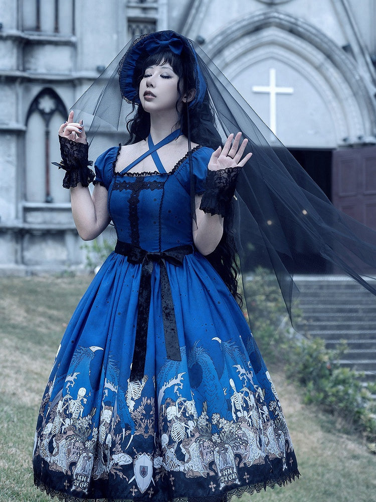 Cross Trim Black Gothic Skeleton Dress and Lace Lolita with Print Blue
