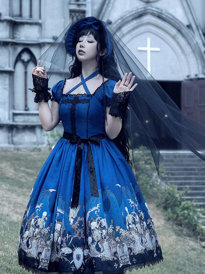 Cross Trim Black Gothic Skeleton Dress and Lace Lolita with Print Blue