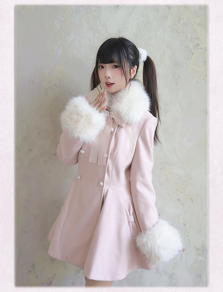 Rosa Mantel Abnehmbare Jirai Kei Große Schleife Flauschigen Kragen und Manschetten Breasted mit Strass Doppel