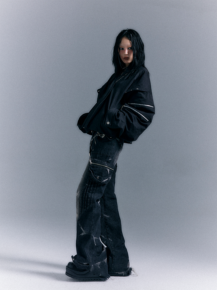 Gewaschene Reißverschluss Flare Schwarz-Grau Nieten Jeans Taschen Punk