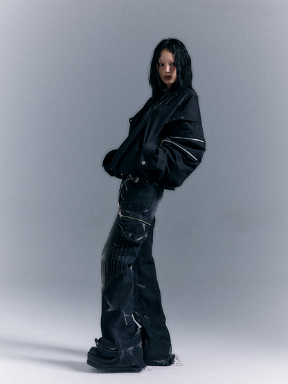 Gewaschene Reißverschluss Flare Schwarz-Grau Nieten Jeans Taschen Punk