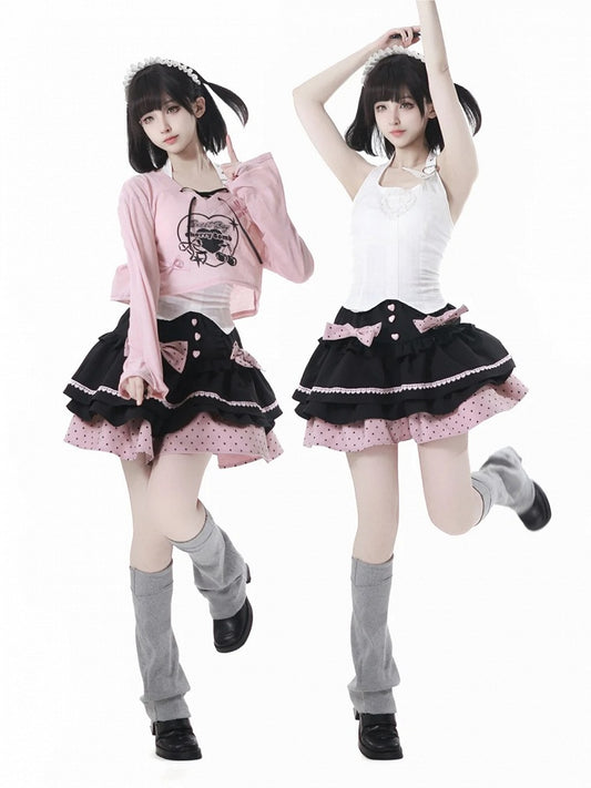 取り外し可能なリボン付きティアードスカート ブラックとピンクの水玉模様