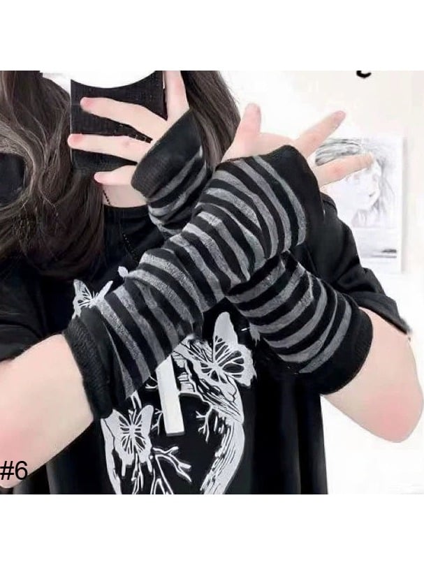 Stripe Pattern Fingerless Gloves in Black and Gray - Post-2000 Gift Shop