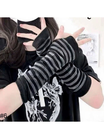 Stripe Pattern Fingerless Gloves in Black and Gray - Post-2000 Gift Shop