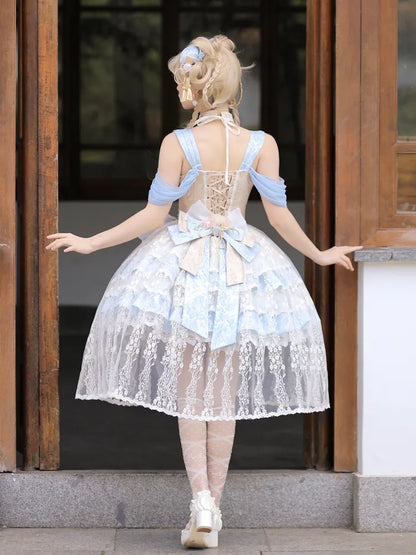 バスクブルー取り外し可能なロリータネックQiホルタードレスウエストティアードスカート