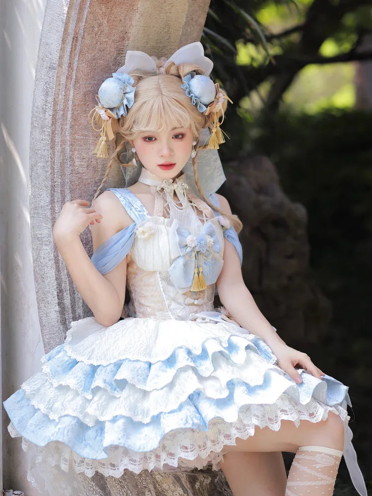 バスクブルー取り外し可能なロリータネックQiホルタードレスウエストティアードスカート