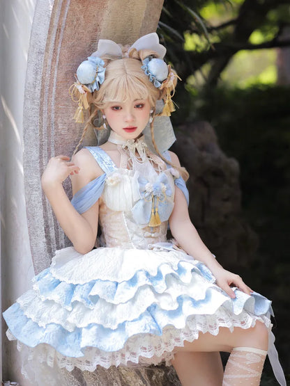 バスクブルー取り外し可能なロリータネックQiホルタードレスウエストティアードスカート