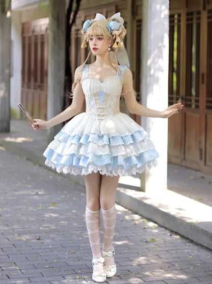 バスクブルー取り外し可能なロリータネックQiホルタードレスウエストティアードスカート