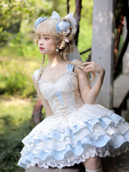 バスクブルー取り外し可能なロリータネックQiホルタードレスウエストティアードスカート