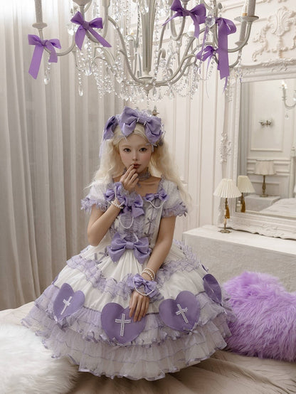 White and Purple Sweetheart Applique Old School Lolita Dress Valentine's Day Fluffy Dress
