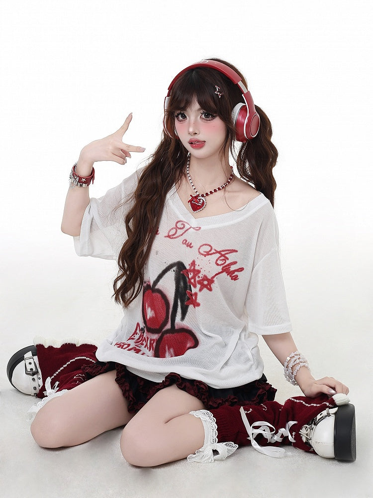 Tシャツ ホワイト セミシアー Vネック チェリープリント 日焼け防止 ビタースウィート