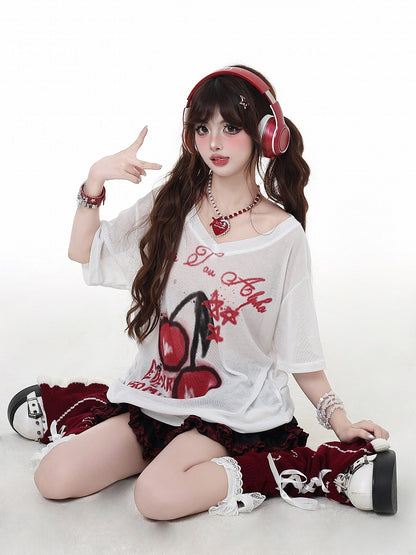 Tシャツ ホワイト セミシアー Vネック チェリープリント 日焼け防止 ビタースウィート