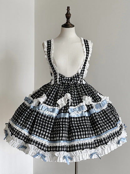 Monochrome Checkered Frilly Bow Lolita Jumperdress