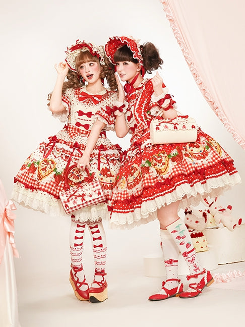 Sleeves Hem Print Lolita Puff Red Ruffle Cake Dress Strawberry with Sweet