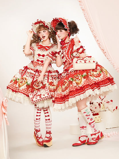 Sleeves Hem Print Lolita Puff Red Ruffle Cake Dress Strawberry with Sweet