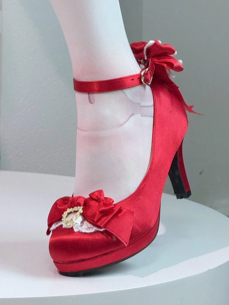 Heeled Bow Top Closure Satin Heart with Mary Trim Red - Lolita Janes Elegant Snap Lace