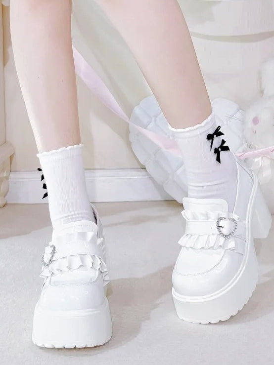 with Beaded Kei White Sweetheart 9.5cm Jirai Shoes Heel Chunky Loafers Platform