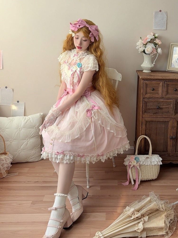 Elegant Bow and Details Version Classic with Lace Dress Short Pink Lolita