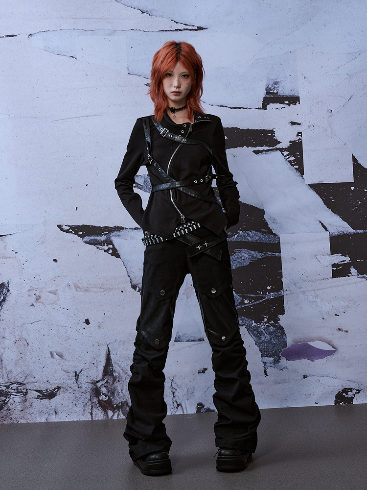 Patches  Belts Black Punk Denim Jeans With Studded PU Knee