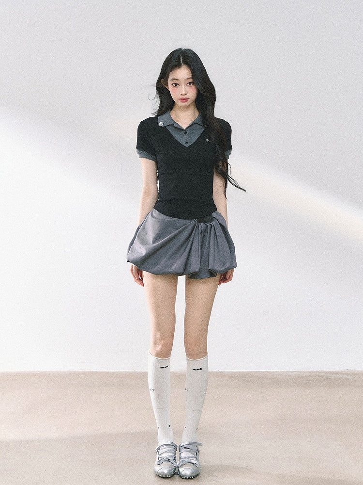 and Gray Polo Collar Preppy Style Faux Two-pieces T-shirt Black