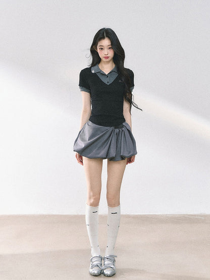 and Gray Polo Collar Preppy Style Faux Two-pieces T-shirt Black