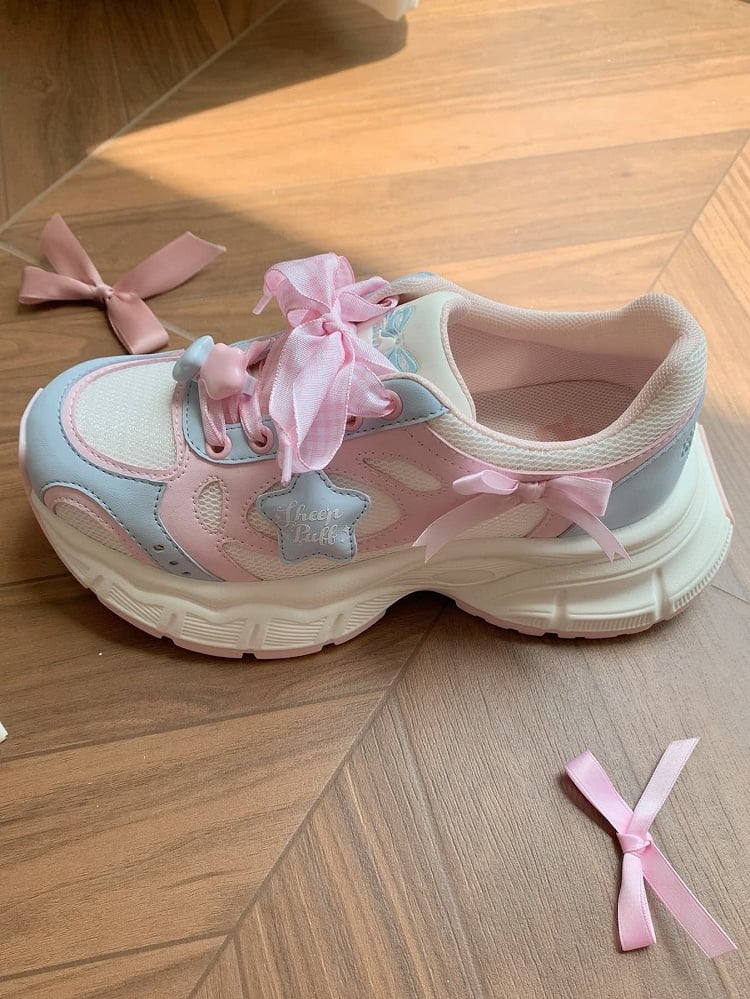 Sneakers Lolita Pink Pattern Plaid Sweet - Lace-Up Blue Closure