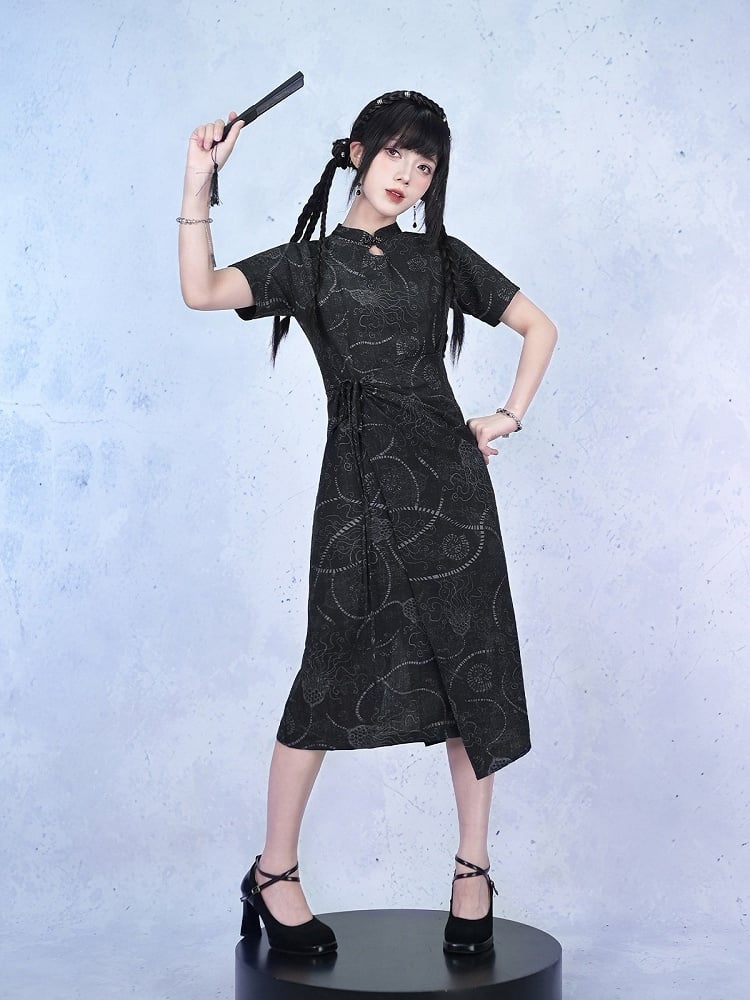 Black Gothic Short Sleeve Cheongsam Sea Lily Print - Quirky Hut