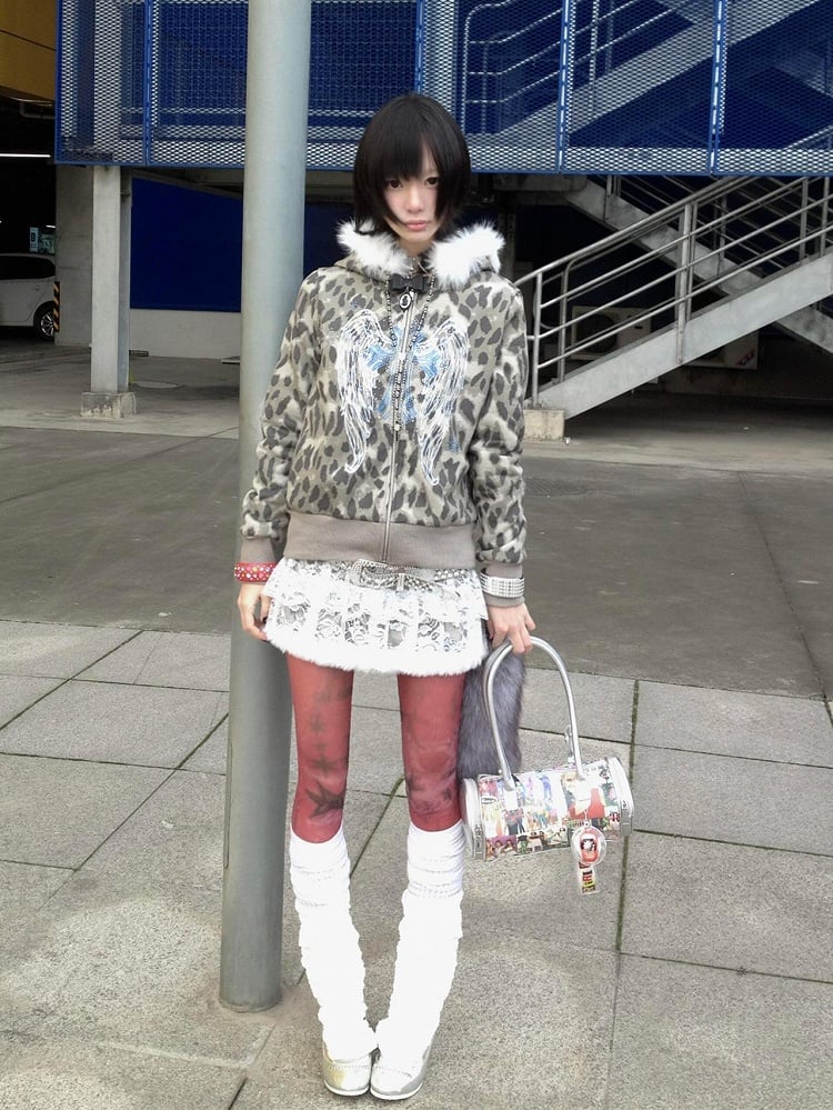 Detachable with Faux Trim Leopard Gray Gyaru Y2K Fur Print Fashion Hoodie