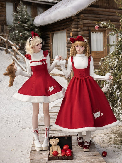 with Lolita Flutter Dress Fluffy Straps Embroidery Winter Apple Hem Red
