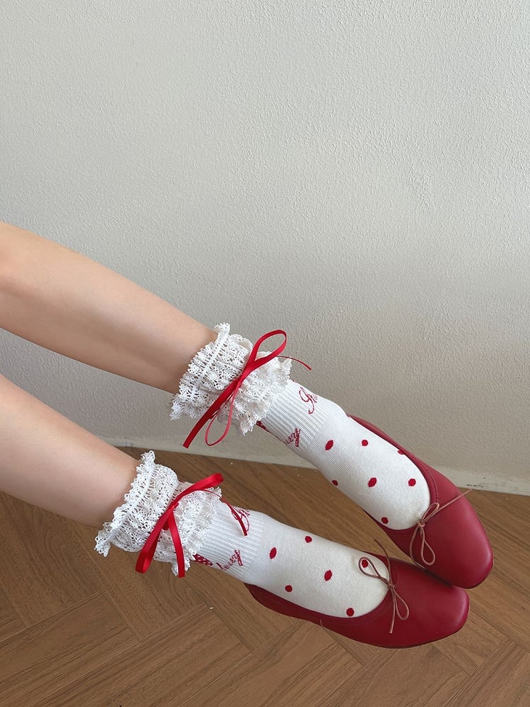 Erdbeerdetails Spitzensocken Süße weiße/schwarze Borte Schleife Kalbsleder