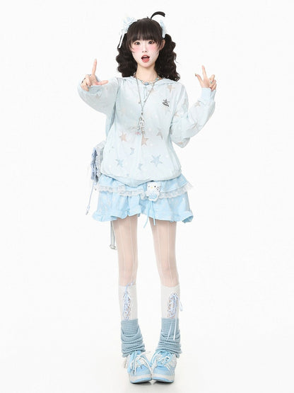 Breathable Blue Hooded Star Print Jacket - Languid Park