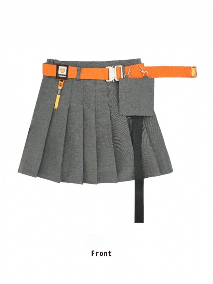 Gray Pleated Skirt With Orange Belt