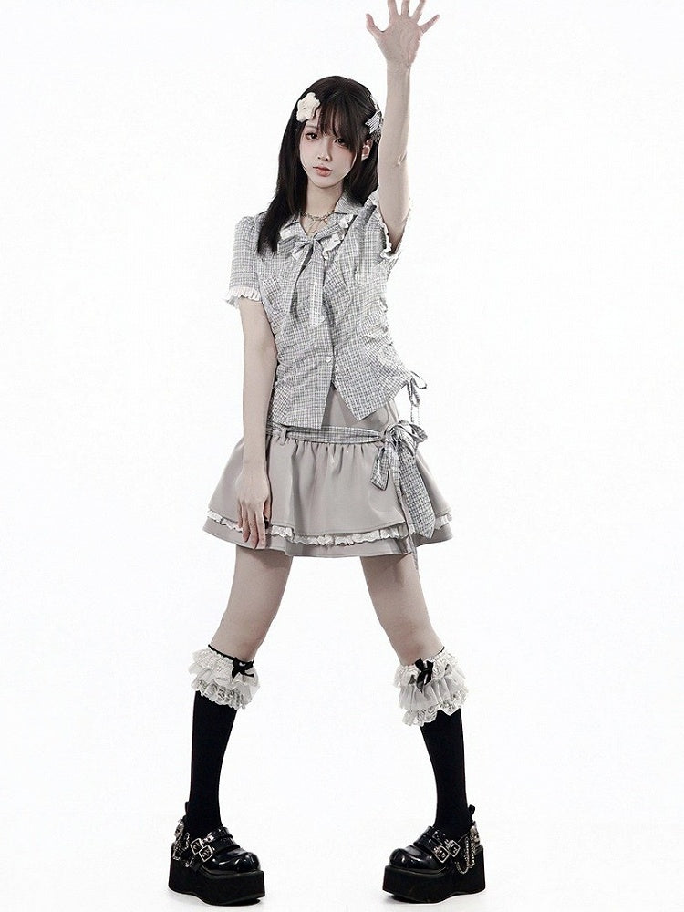Blue Plaid Turn-down Collar Short Sleeve Shirt with Drawstring Waist & Lace - PINK SAVIOR