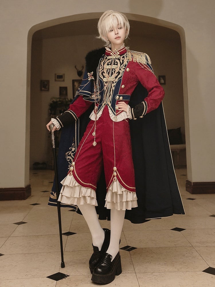 Golden Top + Chains Long Gorgeous Style Prince Sleeves Blue with Pants Royal Red Cape