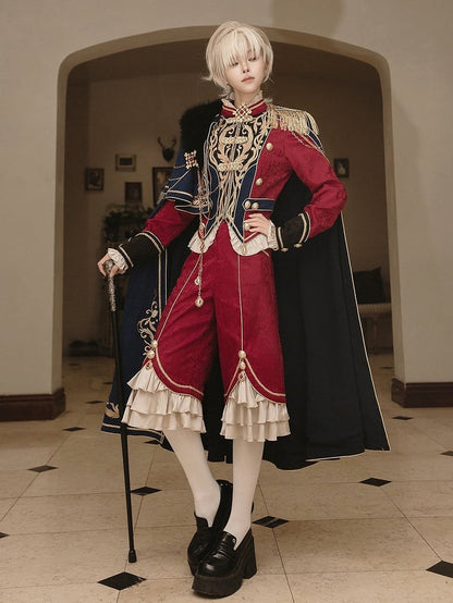 Golden Top + Chains Long Gorgeous Style Prince Sleeves Blue with Pants Royal Red Cape