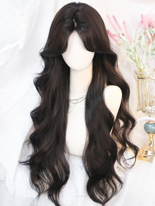 Schwarze Perückenlänge 65–70 cm Pony mit gewelltem Vorhangtee in der Taille