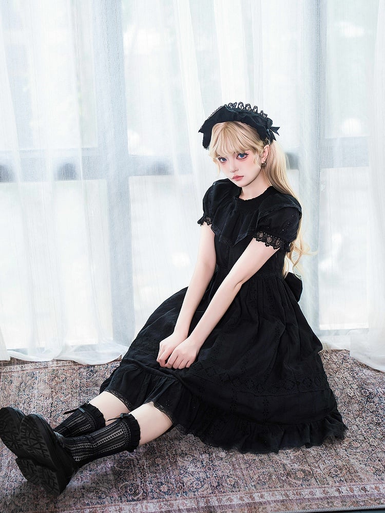 Süßes Lolita-Kleid Kuro Puff High Black Cotton Ärmel Taille